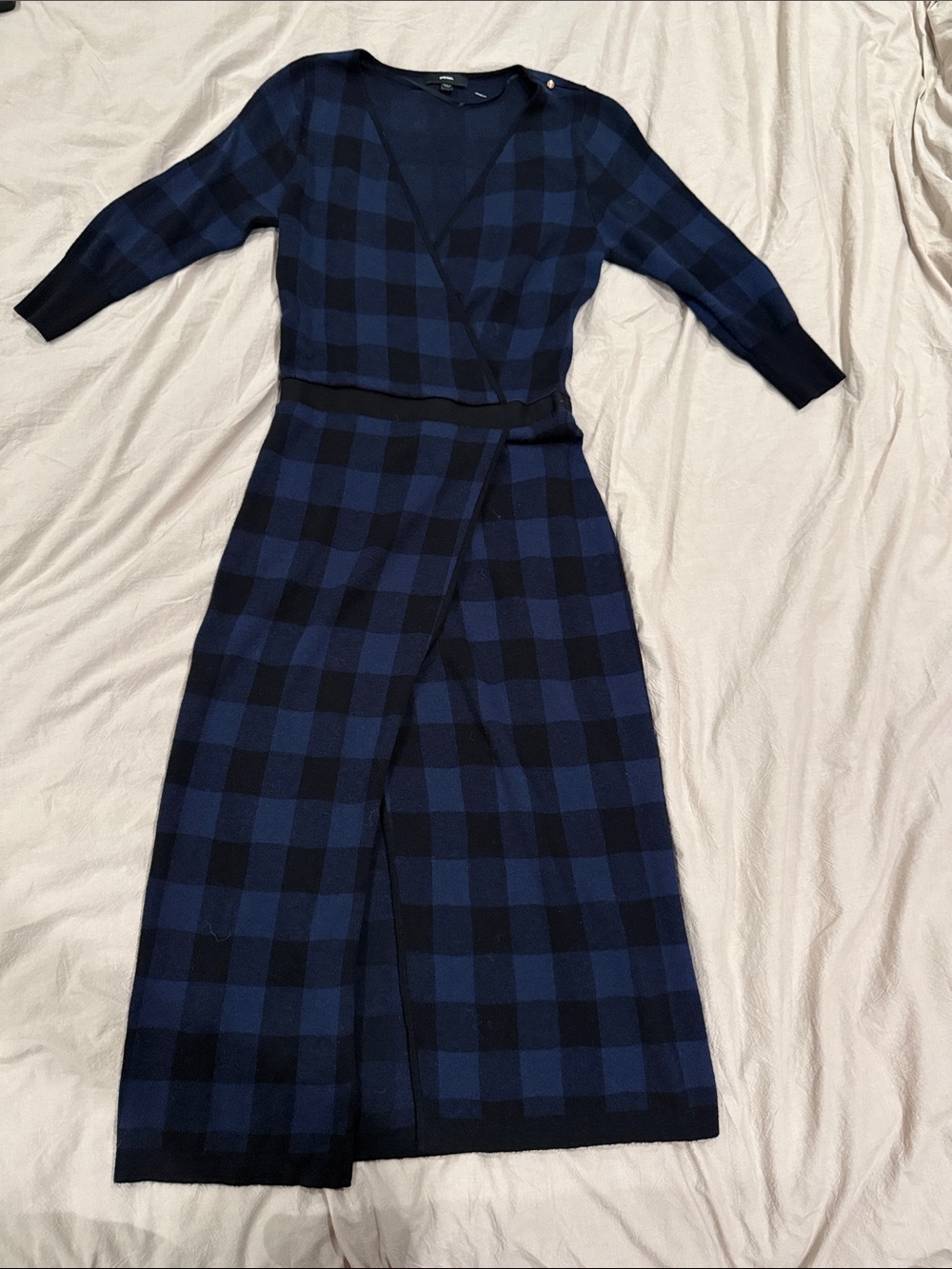 Diesel Navy and Black Plaid Wrap Midi Dress